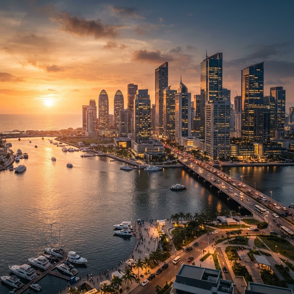 Modern Nigerian skyline at sunset showcasing luxury development